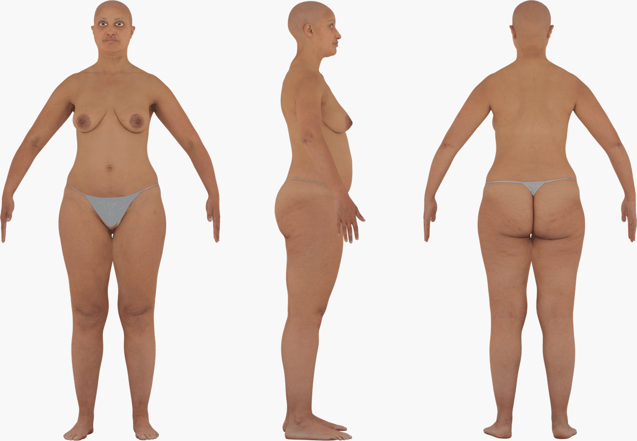 PBR texture map set for a female 3D body scan including Albedo, Normals, Specular, and Metalness maps at 16K